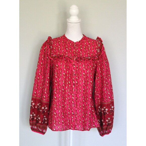 JOIE Boho Prairie Peasant Blouse Bright Pink Ruffled Top, Size  L Large - Picture 1 of 10